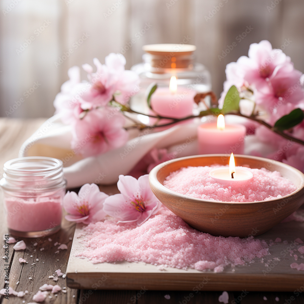 Beautiful spa salon pink composition in wellness center. Spa still life with aromatic candle, sakura flowers, sea salt and towel. Beauty spa treatment and relax. Relaxing pink background. Beautiful spa salon pink composition in wellness center. Spa still life with aromatic candle, sakura flowers, sea salt and towel. Beauty spa treatment and relax. Relaxing pink background.
