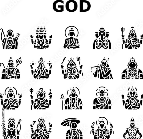 god indian hindu lord krishna icons set vector. india vishnu, hinduism janmashtami, art shiva, festival mythology, flute deity god indian hindu lord krishna glyph pictogram Illustrations