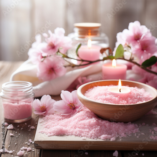 Beautiful spa salon pink composition in wellness center. Spa still life with aromatic candle  sakura flowers  sea       salt and towel. Beauty spa treatment and relax. Relaxing pink background.