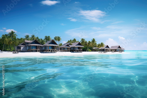 Over water bungalows on a tropical island with palm trees and amazing vibrant beach. Exotic summer travel and vacation landscape, loungers with sandbank. Freedom, getaway concept. Travel vacation