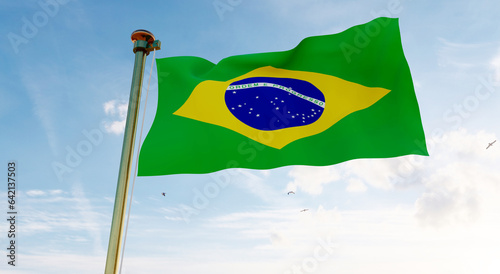 Brazil flag. 3D realistic waving flag background. Flag of Brazil flag waving in the wind, sky and sun background. 