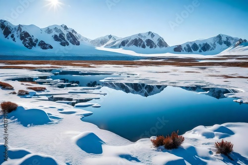 Pristine and untouched Arctic tundra, with snow-capped mountains and frozen lakes - AI Generative