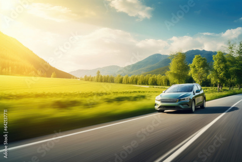 Car is driving on country road with motion blur effect. Modern car is moving at high speed in natural landscape