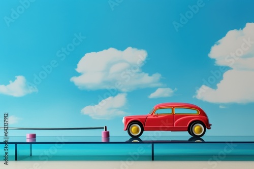 a toy car on a glass table under the blue sky