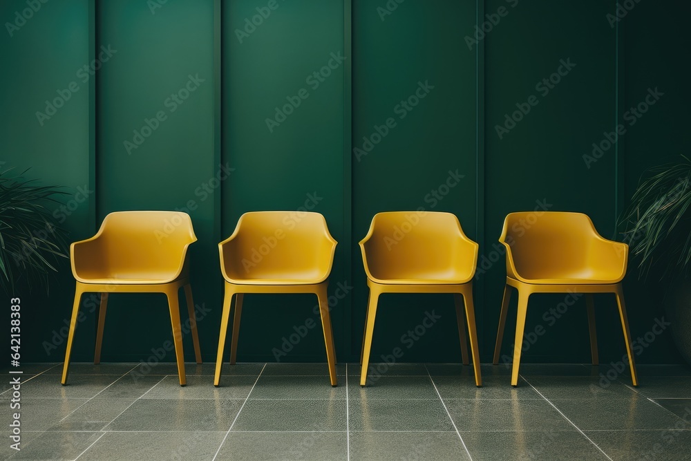 Obraz premium rows of yellow chairs on a green wall