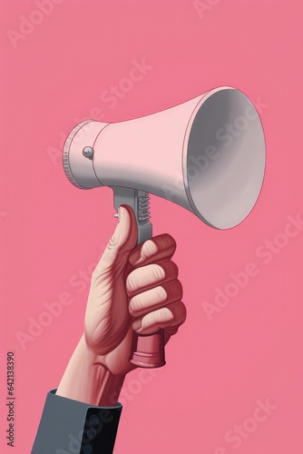 person holding a megaphone on a pink background