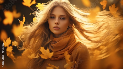 Beautiful High fashion woman in autumn yellow dress with falling leaves posing outdoors. Gorgeous brunette model girl with beautiful make-up,