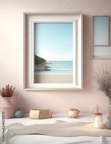 Mockup frame in Coastal interior background, room in light pastel colors, 3d render