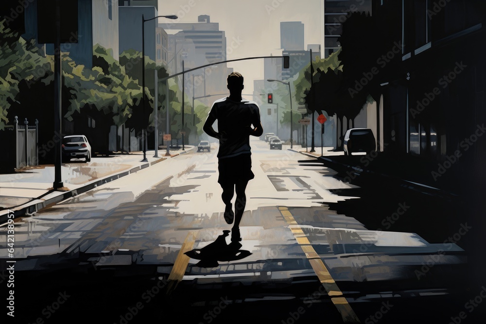 a silhouette of a man running in the middle of the road in a quiet city