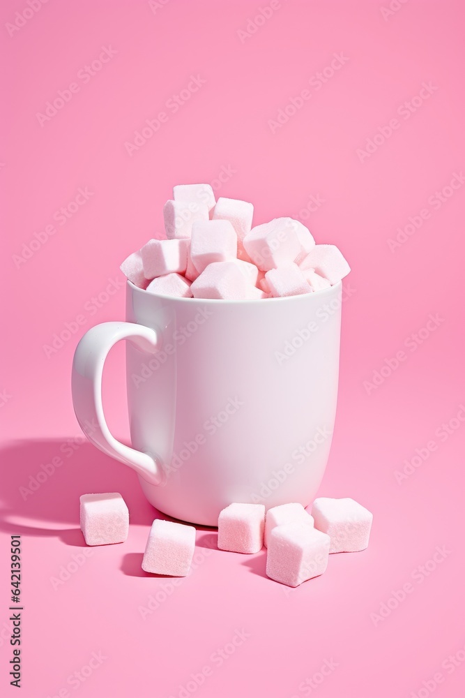 a white mug overflowing with white sugar cubes on a pink background a white mug overflowing with white sugar cubes on a pink background