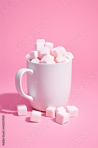 a white mug overflowing with white sugar cubes on a pink background