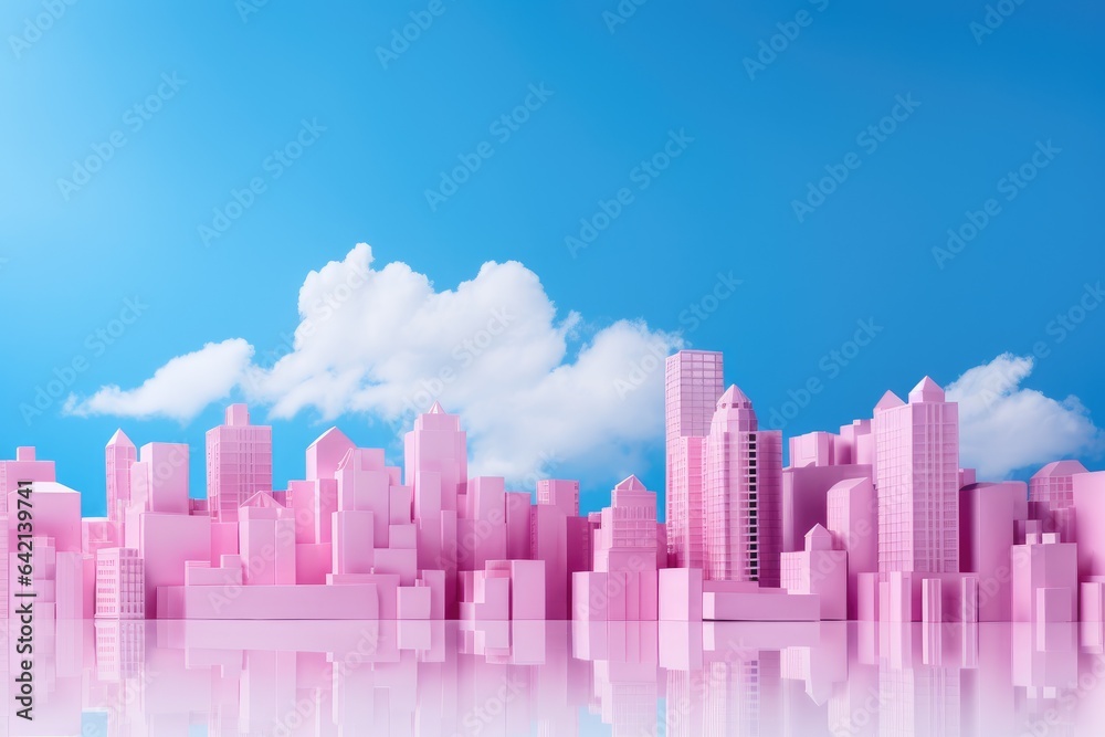a pink block toy city skyline reflected with clouds on a blue background