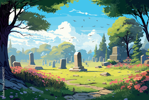 Landscape of a graveyard with old tombstones among grass and trees. Spring season with multicolored flowers and blue sky. Vector illustration, generative ai