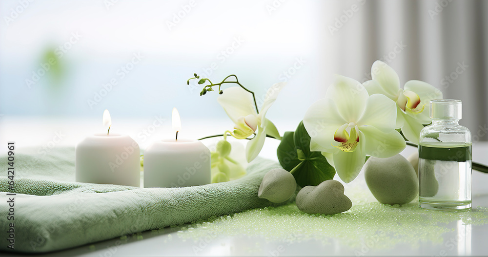 Beautiful spa salon green composition in wellness center. Spa still life with aromatic candle, orchid flower, sea ​​salt and towel. Beauty spa treatment and relax. Relaxing green background.
