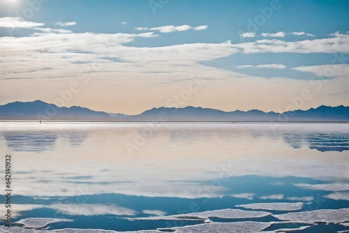 Breathtaking and surreal salt flats, with a mirror-like surface reflecting the sky above - AI Generative