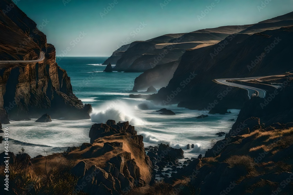 Obraz premium Coastal road with crashing waves and rugged cliffs - AI Generative