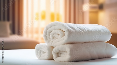 White fresh towels on bed in hotel room. Creative banner for hotel service. 