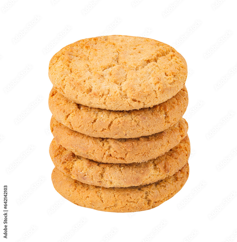 Oatmeal cookies, five pieces stacked, isolated on white background with clipping path Oatmeal cookies, five pieces stacked, isolated on white background with clipping path