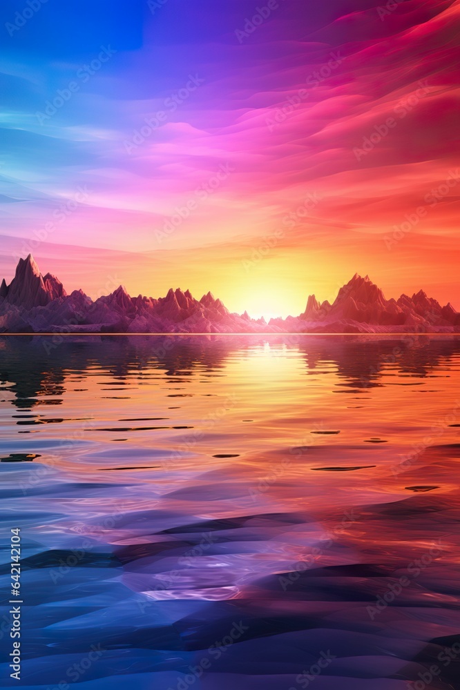 Abstract colorful mountains and lake background (vertical image), mountains and lake in 3D style, wallpaper in modern art style, bright tones