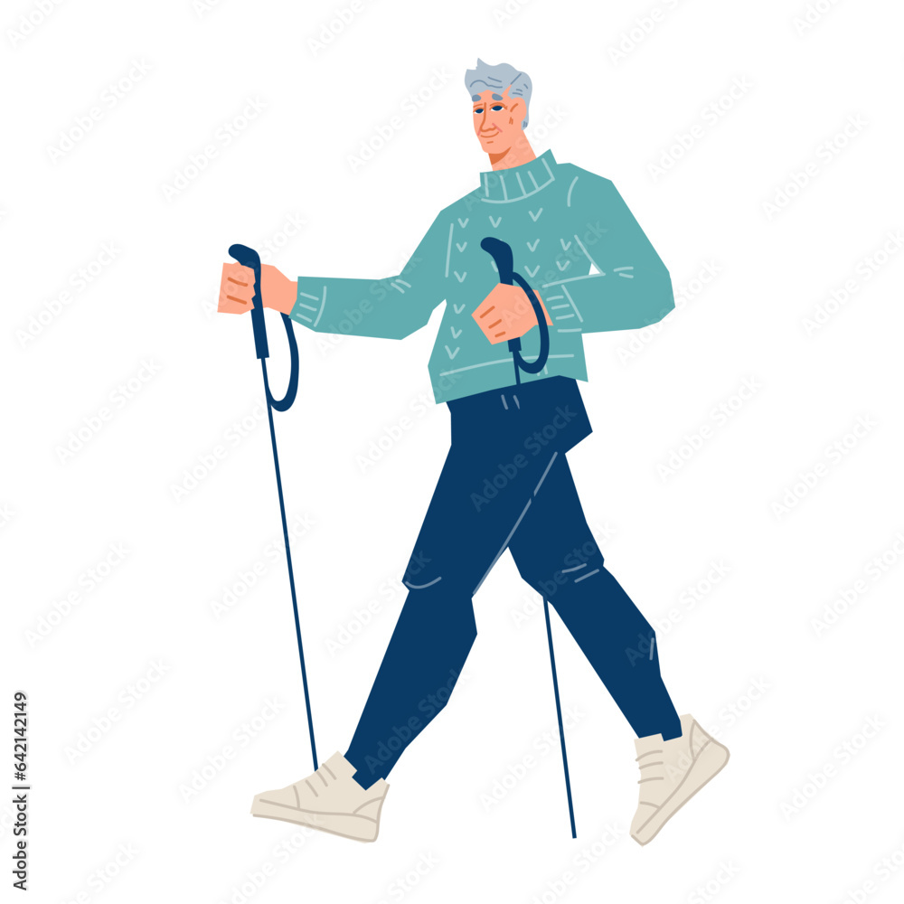 Elderly man does Nordic walking workout for concept of sport workout is perfect for elderly people and all fitness levels. Nordic walking activity, flat vector illustration isolated on white. Elderly man does Nordic walking workout for concept of sport workout is perfect for elderly people and all fitness levels. Nordic walking activity, flat vector illustration isolated on white.
