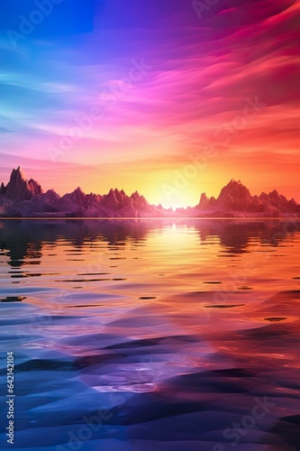 Abstract colorful mountains and lake background (vertical image), mountains and lake in 3D style, wallpaper in modern art style, bright tones
