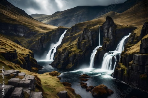 Dramatic and rugged highland landscape  with steep cliffs and cascading waterfalls - AI Generative
