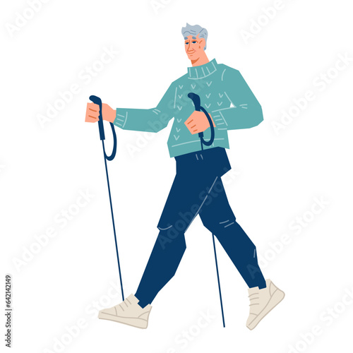 Elderly man does Nordic walking workout for concept of sport workout is perfect for elderly people and all fitness levels. Nordic walking activity, flat vector illustration isolated on white.