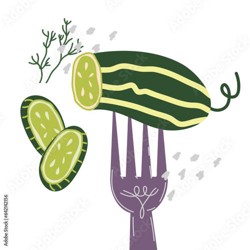 Canned pickles cucumber on fork. Preserving pickles and saving vegetables harvest concept. Design for food labels and prints, flat hand drawn cartoon vector illustration isolated on white background.