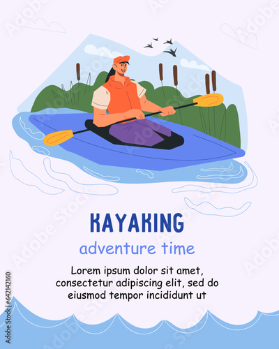Banner or poster with woman tourist on a kayak, flat cartoon vector illustration isolated on background. Travel or use a kayak, kayaking sport and tourism banner design.