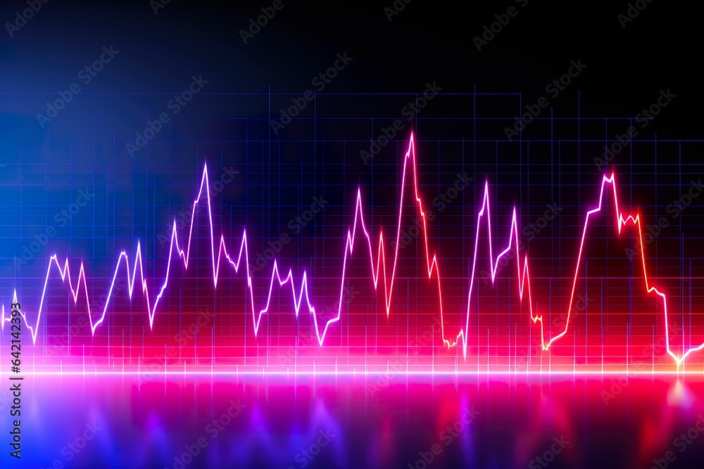 Abstract electrocardiogram, neon heartbeat, abstract data ups and downs chart, stock market ups and downs, electronic sound waves