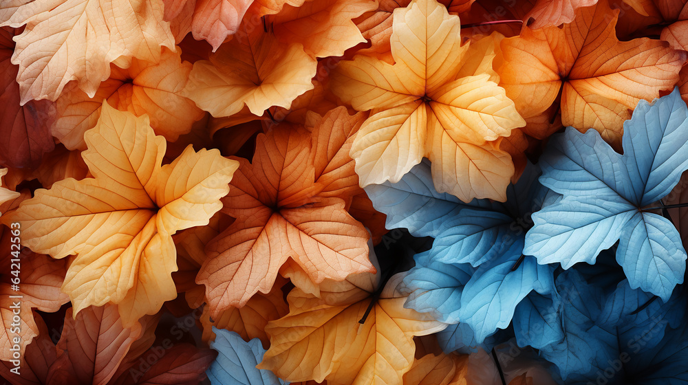 autumn background with scattered colorful leaves around
