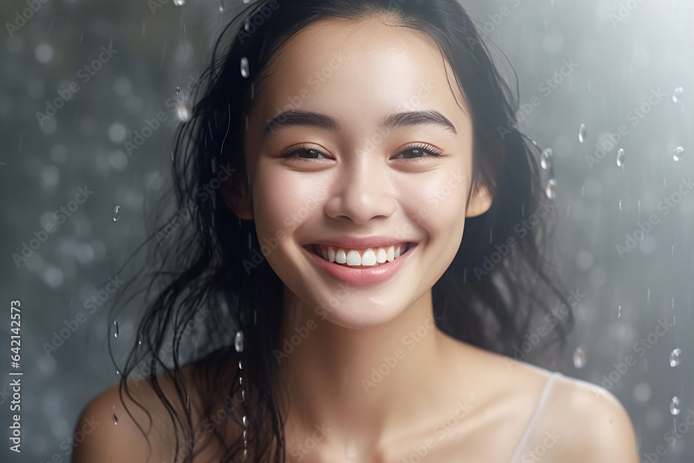 the radiant smile of a young girl, her teeth gleaming white, as she stands in the refreshing rain. The scene is imbued with a sense of freshness and moisture all around. Generative AI. the radiant smile of a young girl, her teeth gleaming white, as she stands in the refreshing rain. The scene is imbued with a sense of freshness and moisture all around. Generative AI.