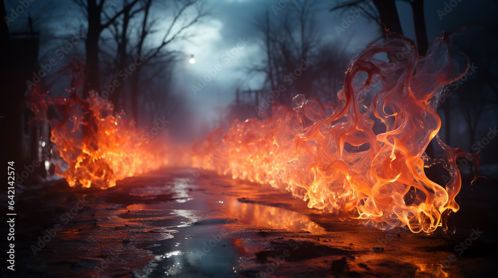 Fototapeta premium autumn night landscape with fiery road