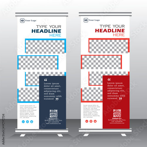 roll up banner template for business, vertical banner template, abstract vector illustration , abstract geometric standee banner, modern x-banner and pull up, vertical banner with red and blue color