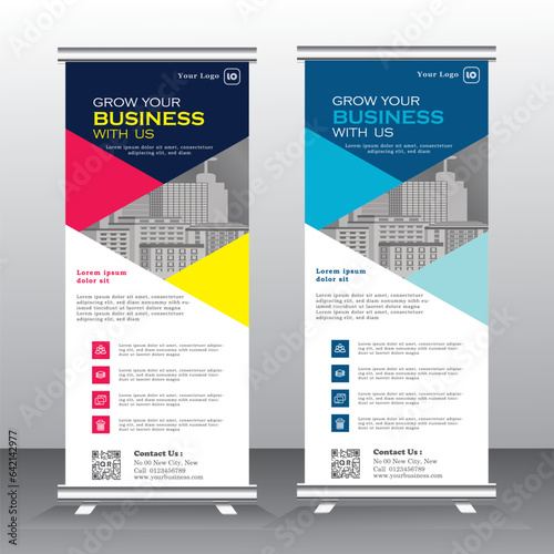 roll up banner template for business, vertical banner template, abstract vector, abstract geometric standee banner, modern x-banner and pull up, vertical banner with blue, red and yellow,