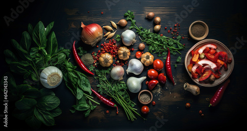 Cooking ingredients background. Food background. Top view of fresh tomato, onion, garlic, pepper and spices. Assorted vegetables from above. Cooking fresh ingredients.