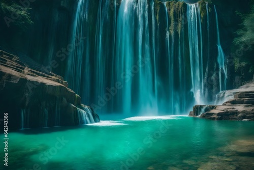 Magnificent and powerful waterfall plunging into a deep  turquoise pool - AI Generative