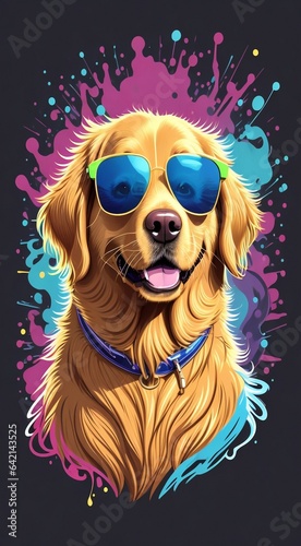 cute dog with sunglasses, dog face on abstract background, abstract dog face