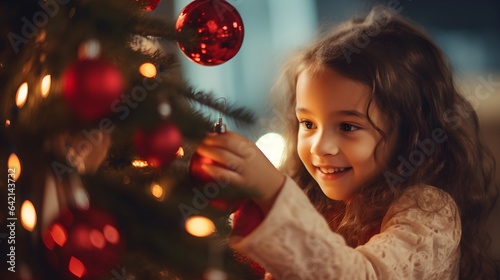 Weihnachtliche Vorfreude: Ein Mädchen schmückt den Christbaum photo