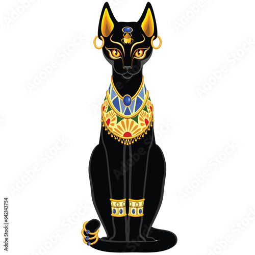 Cat Bastet Ancient Egyptian Deity Sacred Figure Silhouette with Decorative Jewels Vector Illustration isolated on white.