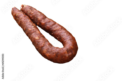 Spicy chorizo bratwurst sausage on light wooden background with copy space Isolated, transparent background