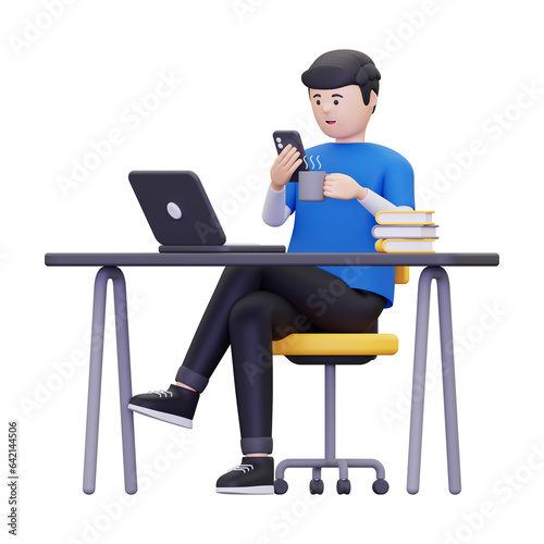 3d Man enjoying coffee while working illustration