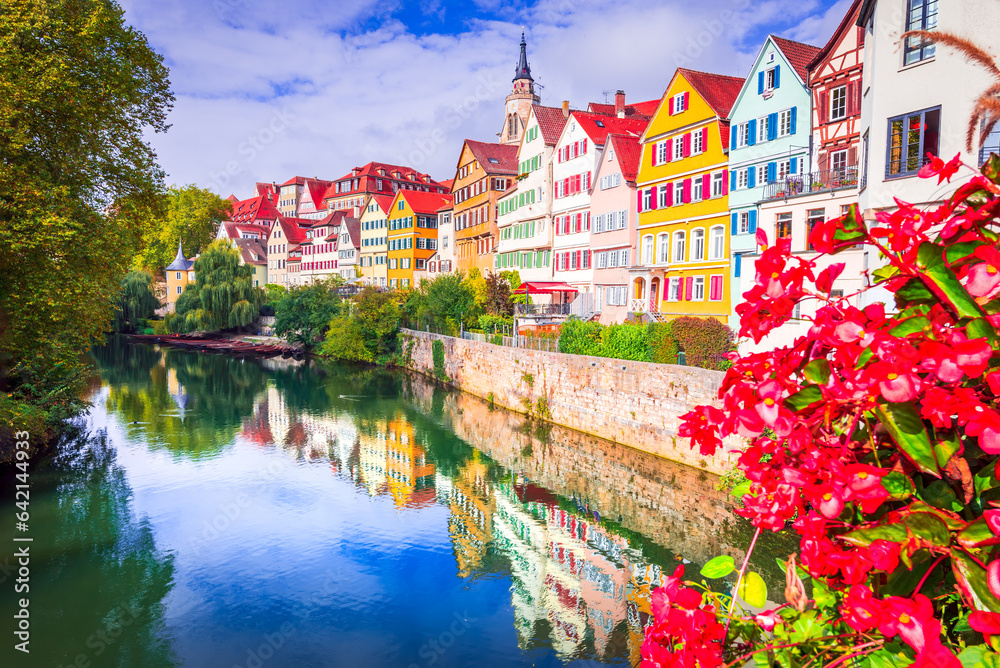 Tubingen, Germany. Colorful old town on the river Neckar, Bavaria land. - obrazy, fototapety, plakaty 