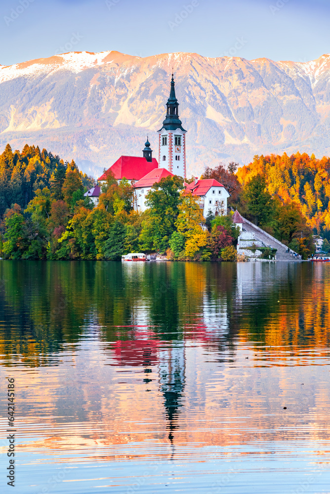 Bled, Slovenia - Julian Alps and Church Santa Maria, beautiful Europe.