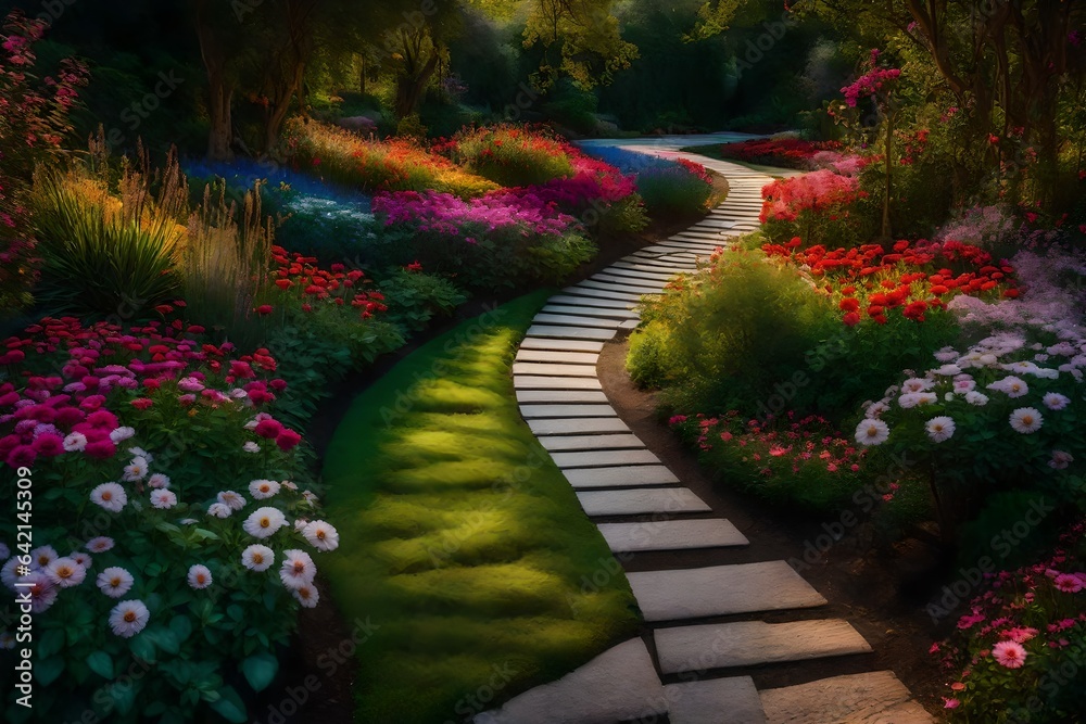 Obraz premium Pathway winding through a vibrant flower garden - AI Generative