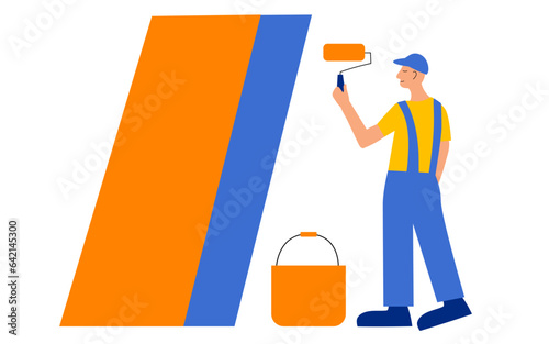Professional worker with paint roll painting wall. Vector illustration.
