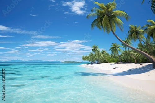 Paradise beach of a tropical island, palm trees, white sand, azure water. Palm tree leaning over water Maldives. Beautiful beach at Maldives. Beach with coconut palm trees and clear lagoon  © elenbessonova