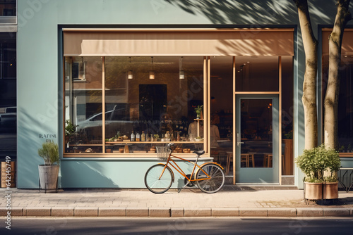 Modern cafe facade with a large window, seen from the street. A bicycle parked outside represents urban eco-friendly transportation. Ideal for showcasing city life and sustainable lifestyle photo