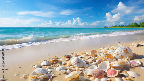 Seashells on sand beach in sea water. Panorama of beautiful white sand beach and turquoise water. Summer beach. Empty tropical summer beach and seascape.