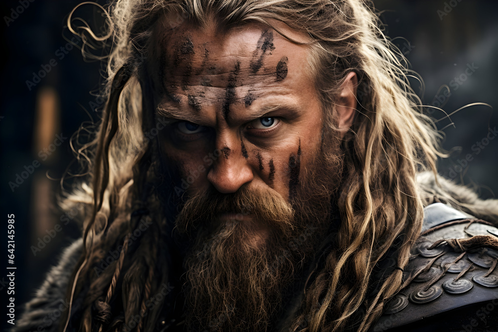 A Portrait of Fearless Powerful Warrior Viking man face with blood marks 
